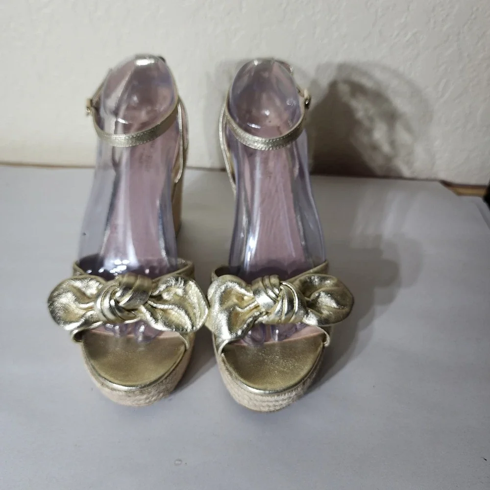 Kate Spade New York Gold Metallic Bow Espadrille Wedge Sandals Womens 9
